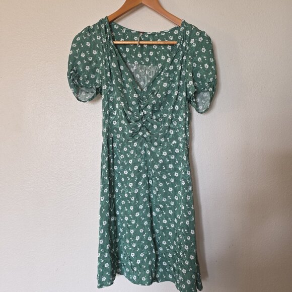 Free People Bond Street Mini Dress Green Floral Ruched Puff Sleeve Size 4 - Picture 8 of 16